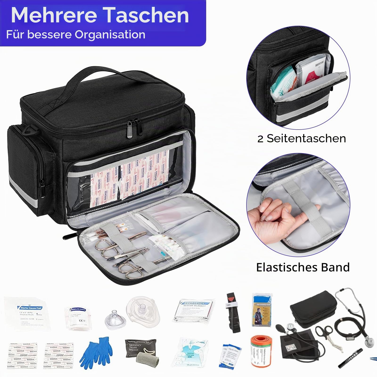 LEFOR·Z Erste Hilfe Tasche,Medizintasche mit Abnehmbarer Trennwand,Reiseapotheke Krankenschwester Tasche für Medizinische Versorgung für Krankenpflegestudenten,Therapeuten und Ärzte,Schwarz