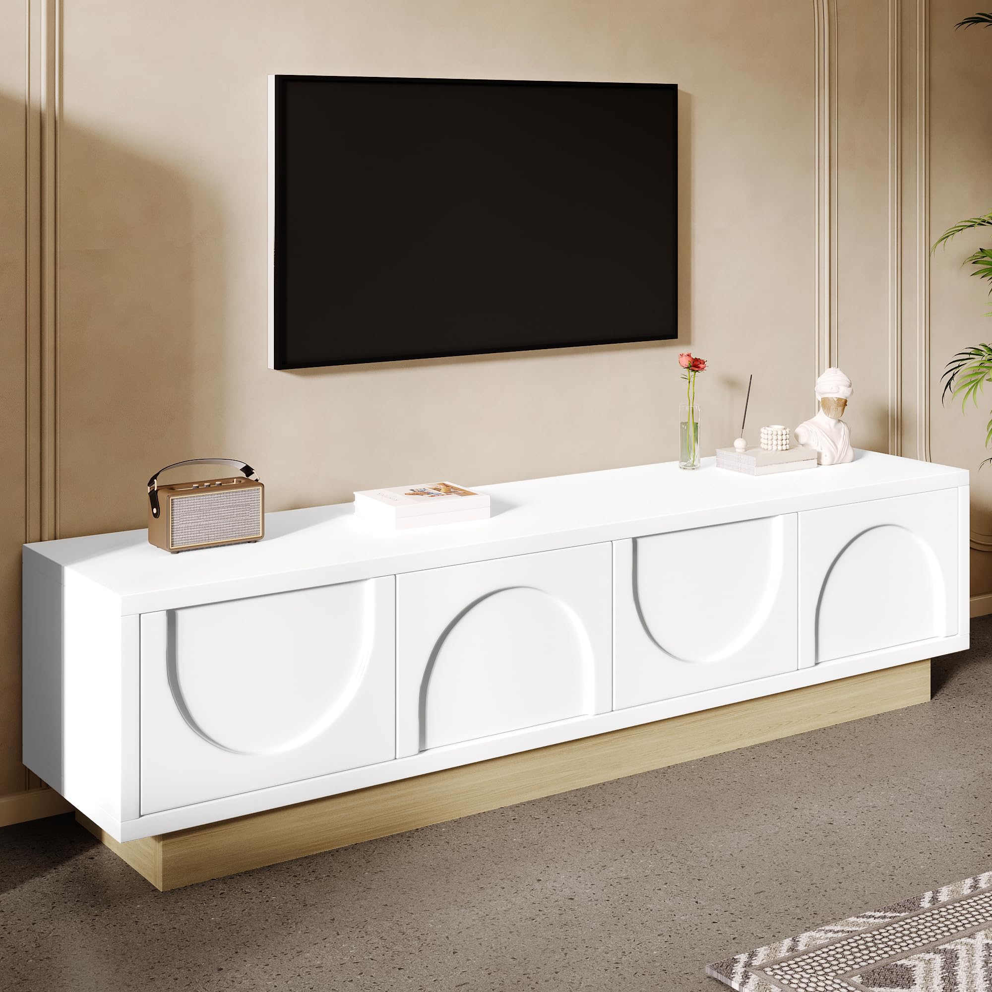 Merax Meuble TV blanc avec grain de bois - 175 cm - Design incurvé minimaliste - Espace de rangement suffisant et gestion des câbles - Sans poignée avec fonction push-to-open - 175 x 40 x 42 cm (L x l