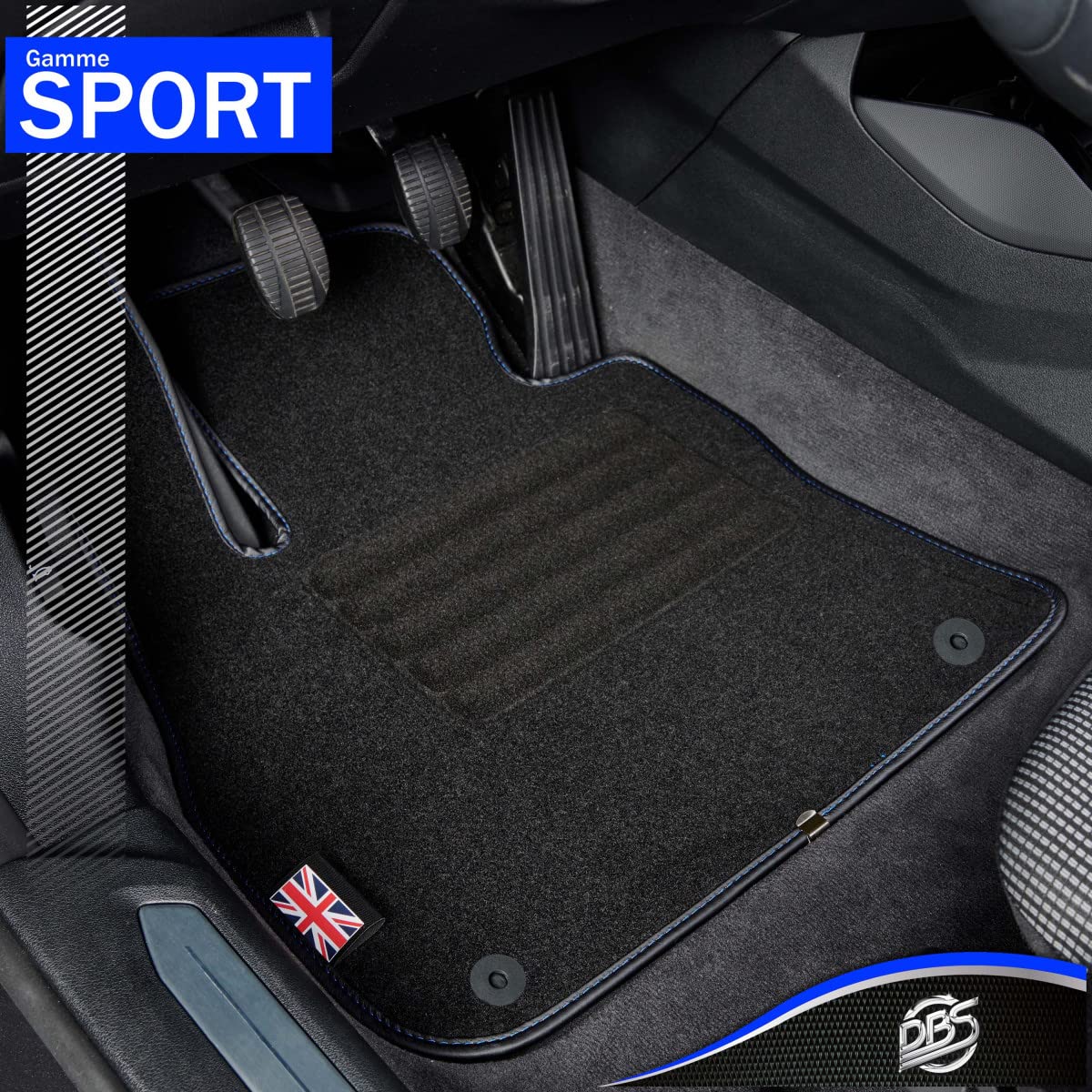 DBS - Tappetini Auto Universali 4 Pezzi (Anteriori+Posteriori) - Antiscivolo - Moquette 450g/m² - Design Bianco E Nero