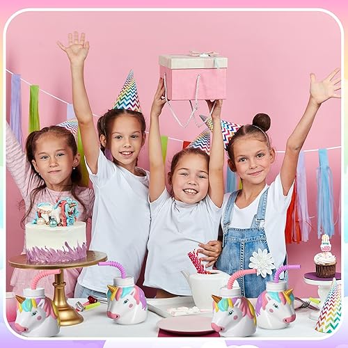 Miniatura 6 de Mifoci Suministros de regalo de fiesta de cumpleaños de unicornio con pajitas, taza de plástico con forma de unicornio de 10 onzas, reutilizable