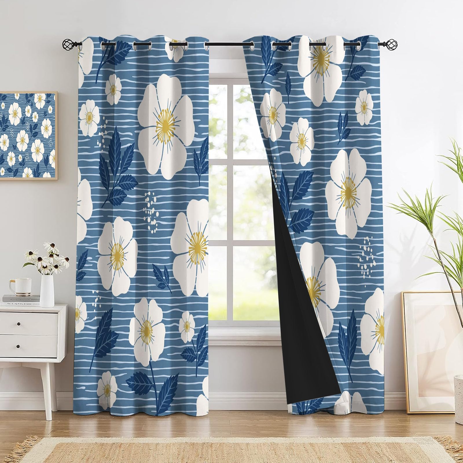 Rideaux occultants thermiques fenêtres motifs fleurs bleu brumeux 117x183