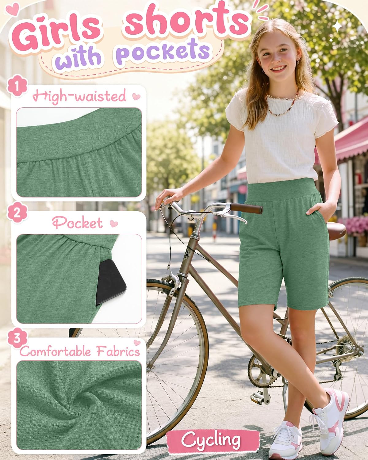 3 Pack Girls' Shorts 5-14Y Elastic High Waist Wide Leg Athletic Teen Summer Loose Running Yoga Clothes with Pockets