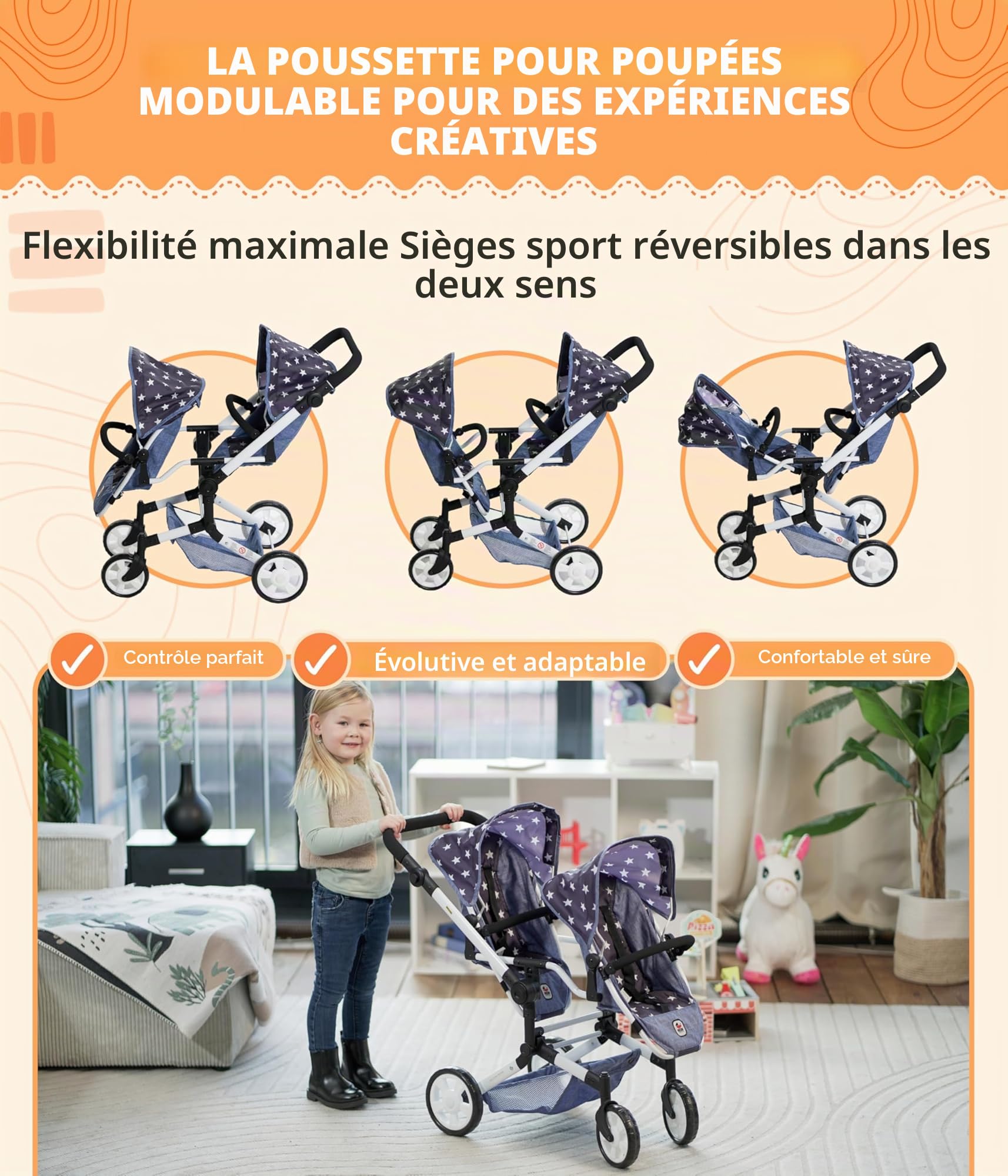 Bayer Chic 2000 Poussette poupée Double Linus Duo Pliable réglable | Poussette double pliable avec poignée réglable de 50 à 82 cm, conçue pour transporter 2 poupées.