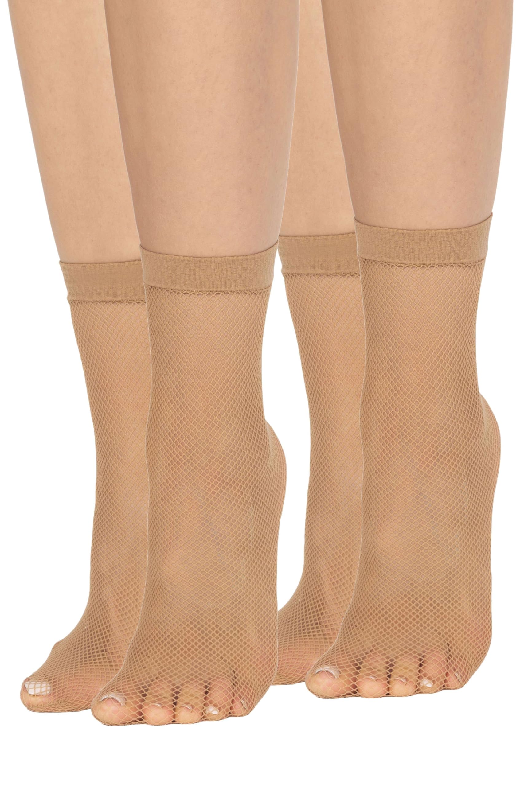 looksy 2 pairs Womens Natural Fishnet Socks Ankle Small Diamonds Free-Size Nella, Visone