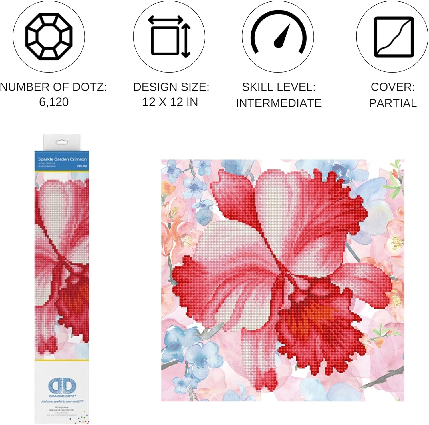 DIAMOND DOTZ Sparkle Garden Crimson Floral Diamond Painting Kits for Adults - Diamond Art Kits a Relaxing Creative Craft Kit with Dotz Gems 12"x12"