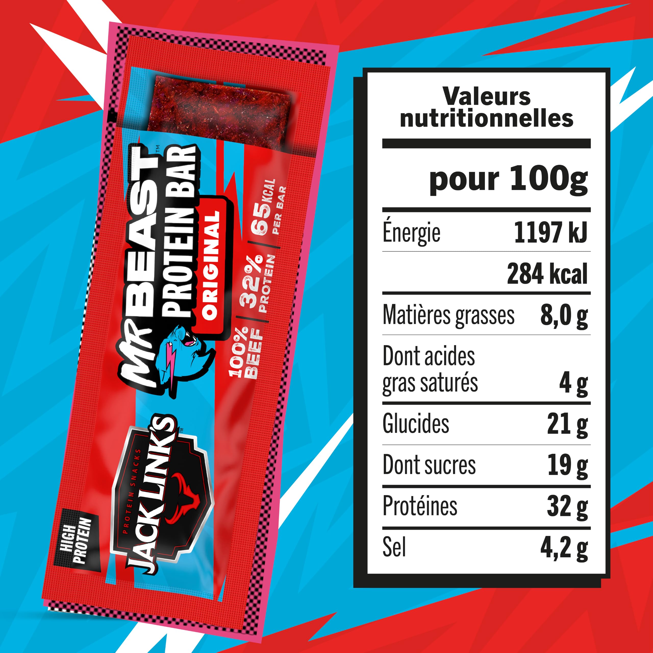 Jack Link's Protein Bar Original – Lot de 30 barres protéinées (10 x 3 x 22,5 g) – Barre de bœuf riche en protéines – Bœuf séché haute protéine – Sans gluten
