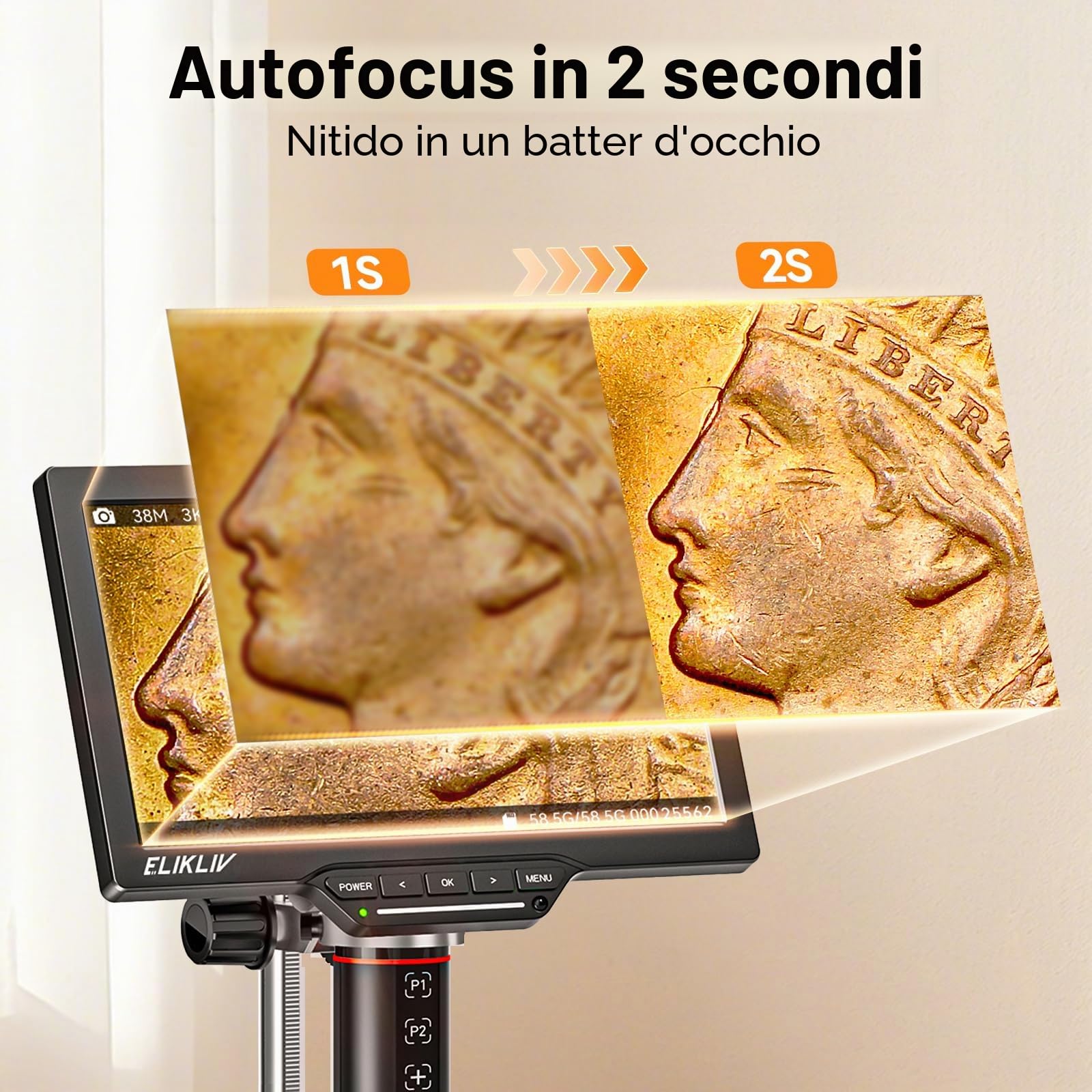 Elikliv EM3K-AF Microscopio Digitale 3K Autofocus HDMI per Saldature, Schermo LCD da 7" e 38MP, Lente per Monete e Saldatura, Supporto da 10'', Compatibile PC/Windows/Mac OS, 64 GB