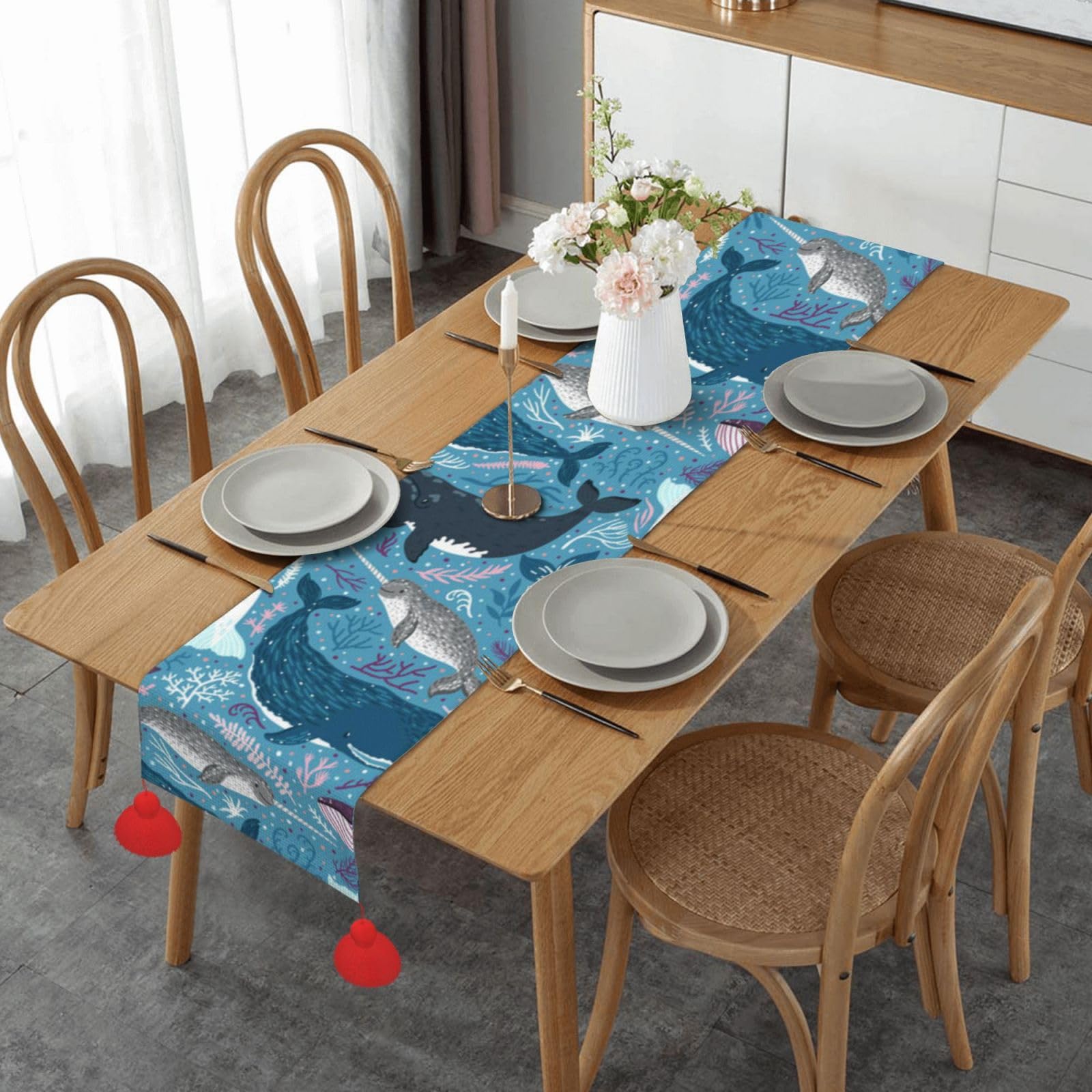 Chemin de table en lin motif baleine pour décoration table automne