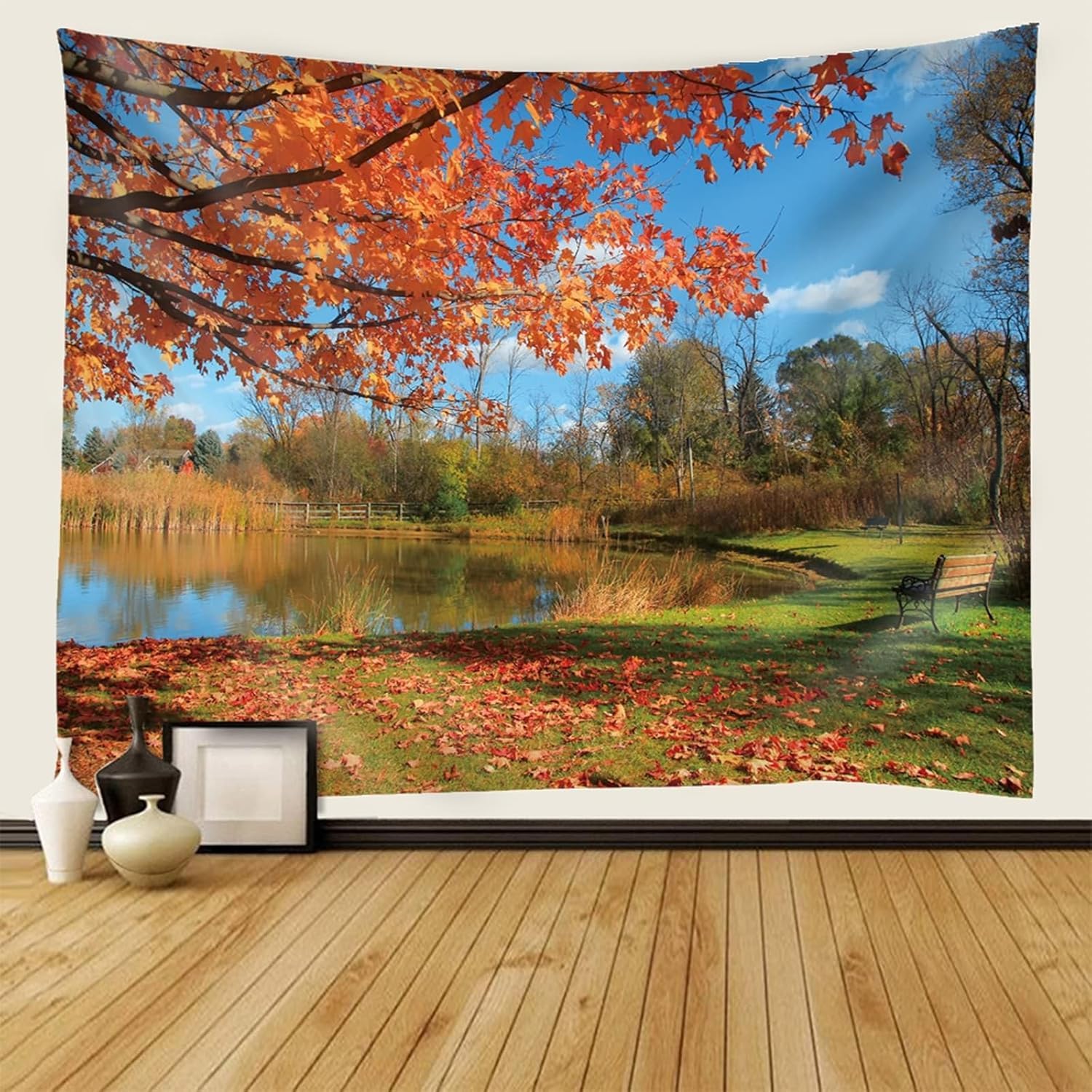 PUOJIEAT Gobelin ścienny jesienny krajobraz ścienny widok na jezioro 3D gobeliny dekoracje ścienne tkanina z mikrofibry do domu salon sypialnia 240x260 cm 1088-GT