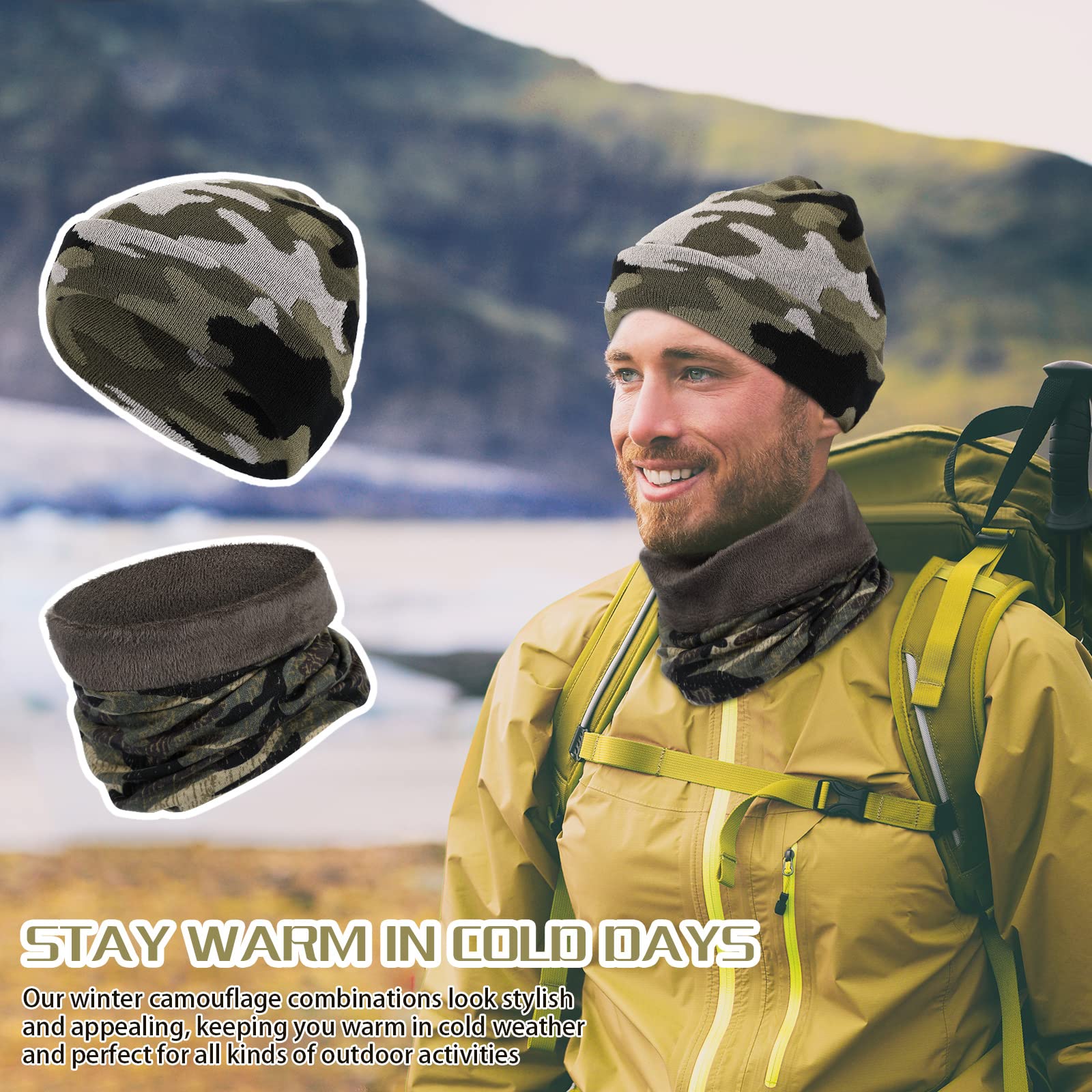 Neer 2 Stück Winter Camouflage Mütze und Halswärmer Set Grün Schwarz Grau Gestrickte Camo Mütze Halsmanschette für Männer Frauen