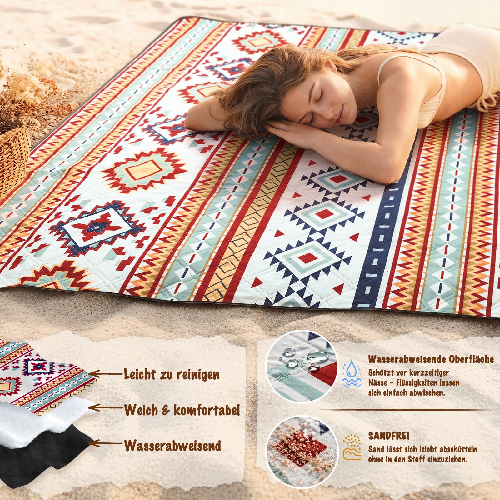 Siegvoll Picknickdecke 200x200cm XXL, wasserdichte sandfreie Stranddecke, 3-lagig gepolsterte isolierte Campingdecke, Strandmatte für Outdoor, Boho-Stil, waschbar faltbar