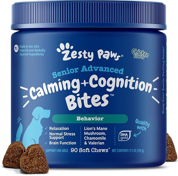 Zesty Paws Senior Advanced Calming & Cognition Soft Chews for Dogs - Supplements for Dog Brain Health & Nervous System S