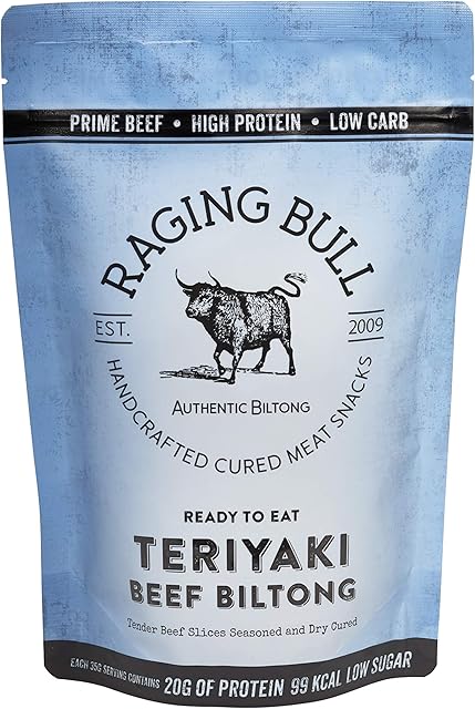 Raging Bull Teriyaki Biltong - Traditional South African biltong. Expertly crafted using the finest ingredients & our award-winning expertise.Delicious snacks high in protein & low in carbs. 250g bag.