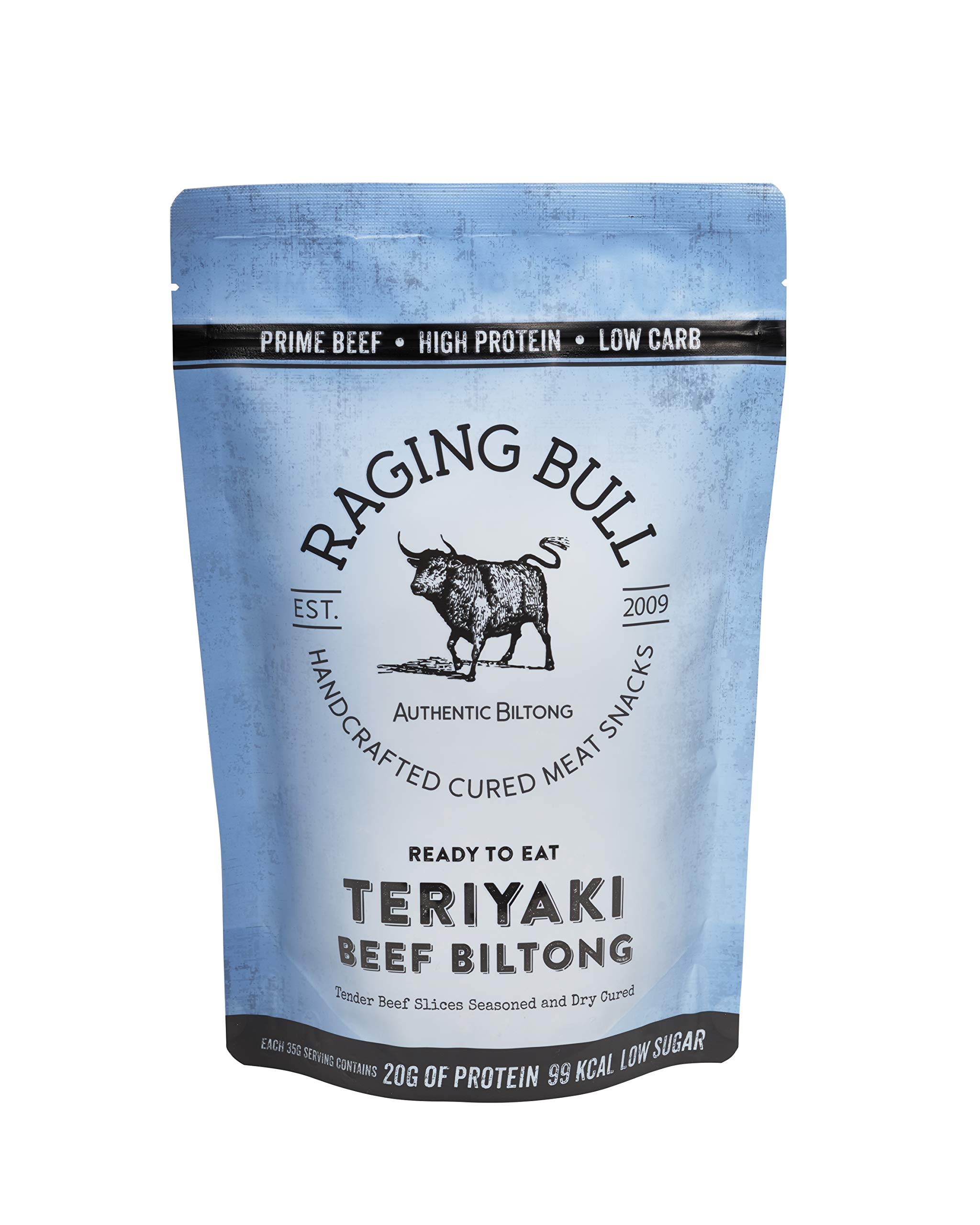 Raging Bull 250g Teriyaki Biltong - Authentic South African Gluten Free Biltong - High Protein Snacks - Grass Fed Beef Biltong - Low Carb Keto Snacks - Natural Carnivore Meat Snacks
