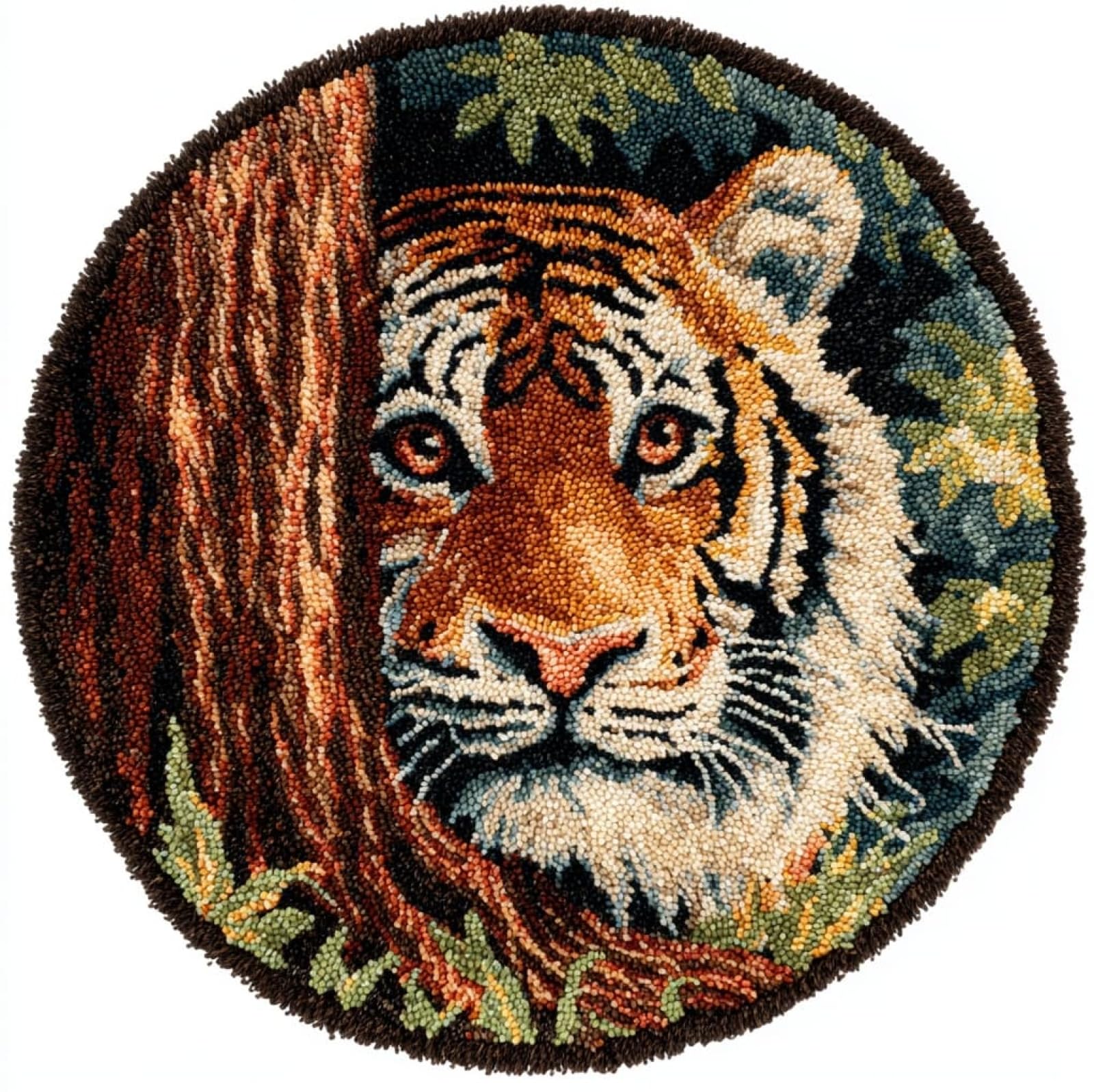 WallustrioaW Latch Hook Rug Kits for Adults,Tiger in the Forest,Crochet Kits for Beginners,DIY Cross Stitch Cushion Craft with Yarn and Crochet Hook,50x50cm