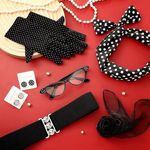 Miniatura 7 de Newcotte 7 piezas de accesorios de disfraz de los años 50 para mujer, bufanda, lunares, ojo de gato, bandana, diadema, aretes, guantes, cintura