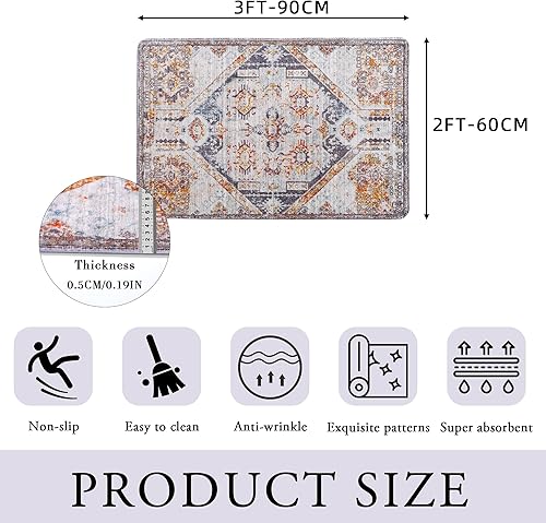 Miniatura 2 de Alfombra de área naranja y beige de 2 x 3 pies, alfombra pequeña con estampado antideslizante, tapete suave de pelo bajo, alfombra lavable para