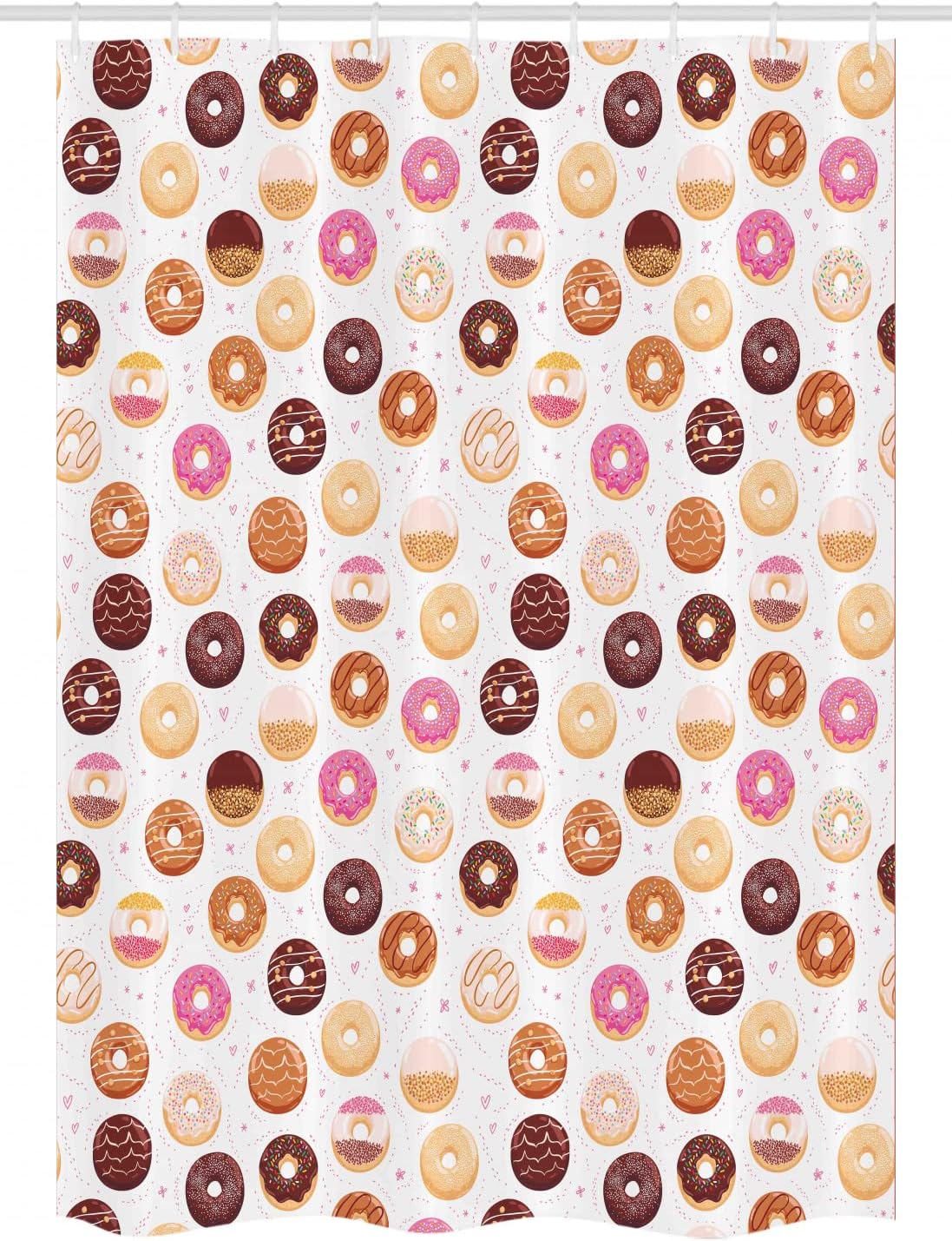 Ambesonne Food Stall Shower Curtain, Donuts and Little Hearts Pattern Colorful Yummy Delicious Desserts Print, Fabric Bathroom Decor Set with Hooks, 54" W x 78" L, Pink Brown