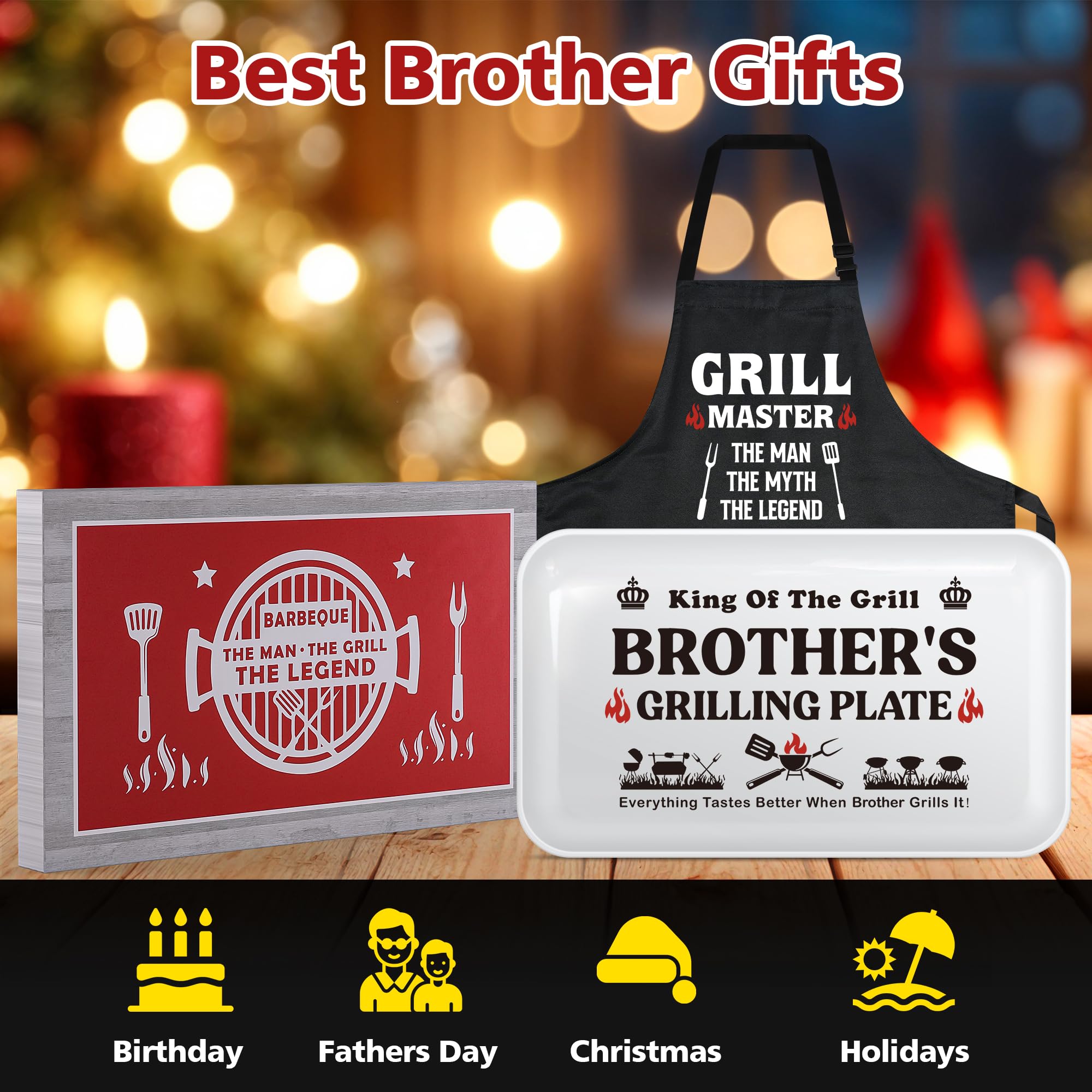 Brother Gifts for Fathers Day Birthday Christmas Valentines Day,Funny BBQ Grilling Platter with Apron Set Gifts for Little Big Adult Brother in Law from Sister, Novelty Grill Aprons for Brothers Men