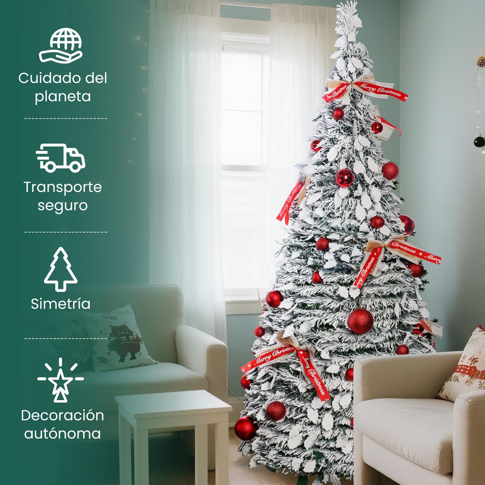 210cm Árbol de Navidad Plegable, árbol de Navidad Artificial en Blanco nevado con Adornos navideños y Lazos, Montaje fácil, decoración para Fiestas navideñas