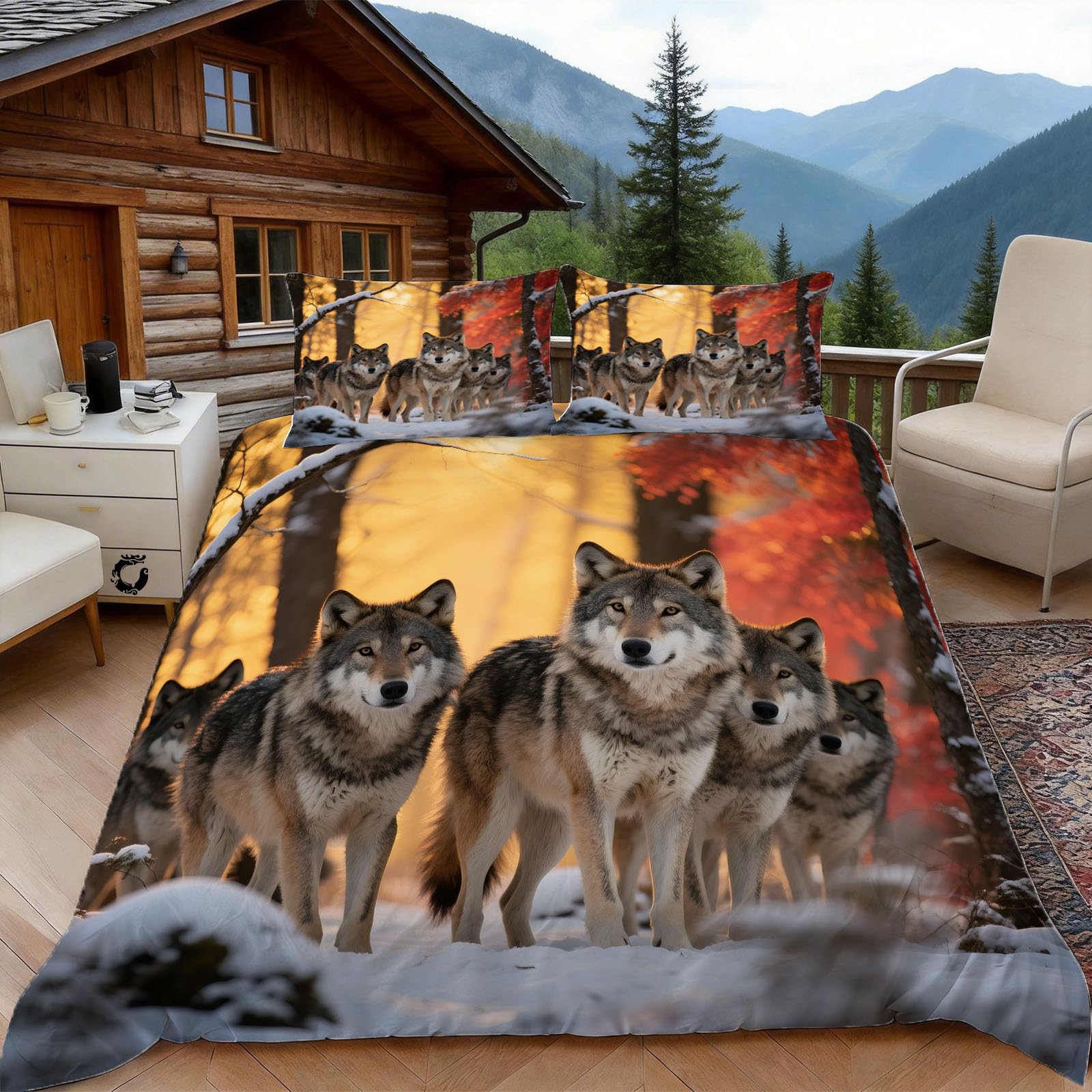 Housse de couette 240x260 loup des neiges avec 2 taies d'oreiller pour lit 2 personnes