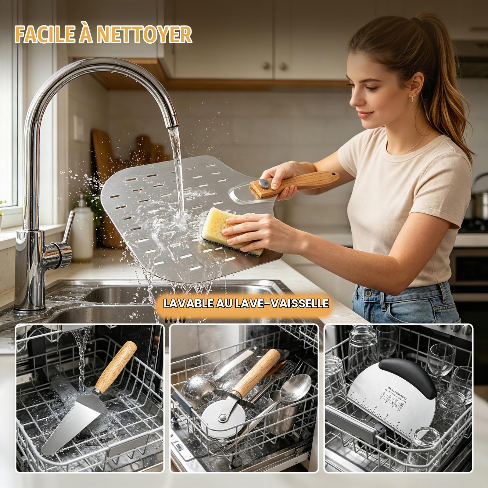 Lot de 4 ustensiles de four à pizza, pelle à pizza de 30,5 cm avec poignée pliable, grattoir à pâte avec échelle de mesure, roue à pizza et pelle à tranche, pour cuire, trancher et servir pour les