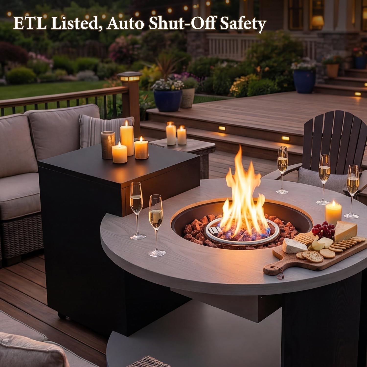 Hitow 42-inch Outdoor Propane Fire Pit Table w Tank Cabinet, CSA Certified Iron Round Firepit with Allumen Tabletop, Volcanic Rock, Rain Cover & Flame-Out Protection, 50000 BTU Black with Grain