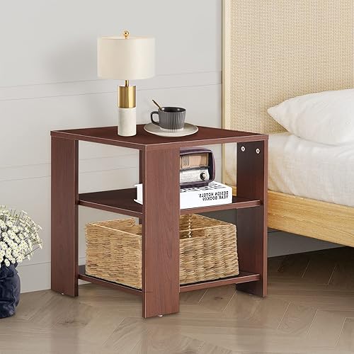 Miniatura 6 de HUMEHA Mesa auxiliar, mesa auxiliar con estantes de 3 niveles, mesa de centro cuadrada marrón con almacenamiento, mesita de noche de madera para