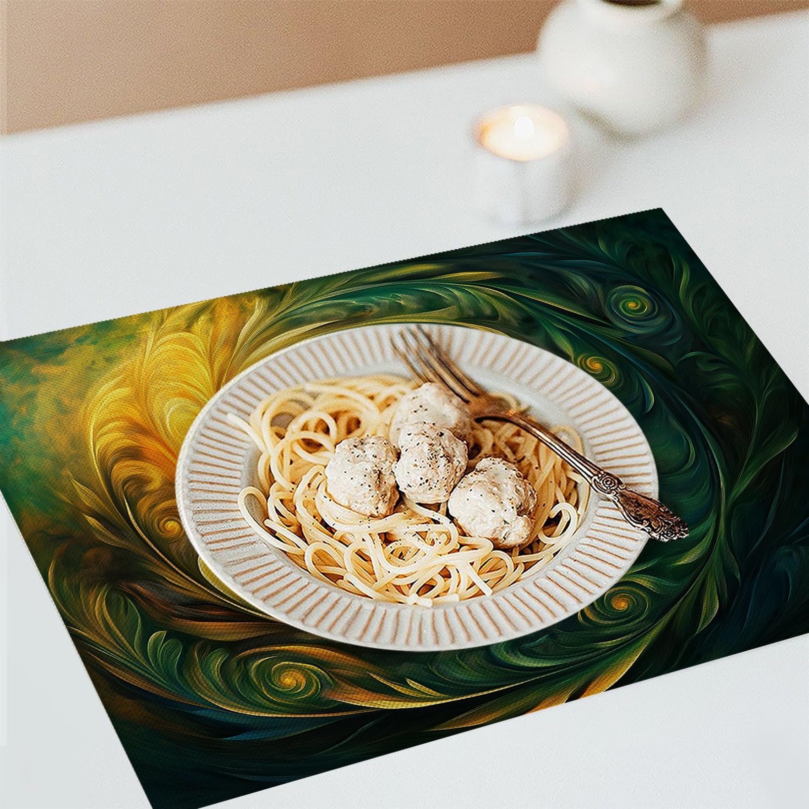 Set di 8 Tovagliette Americane Lavabili Cotone Lino Creatività - Tovaglietta Americana Resistenti al Calore Durevole Vortice di piume - per Colazione Pranzo 30×45 cm