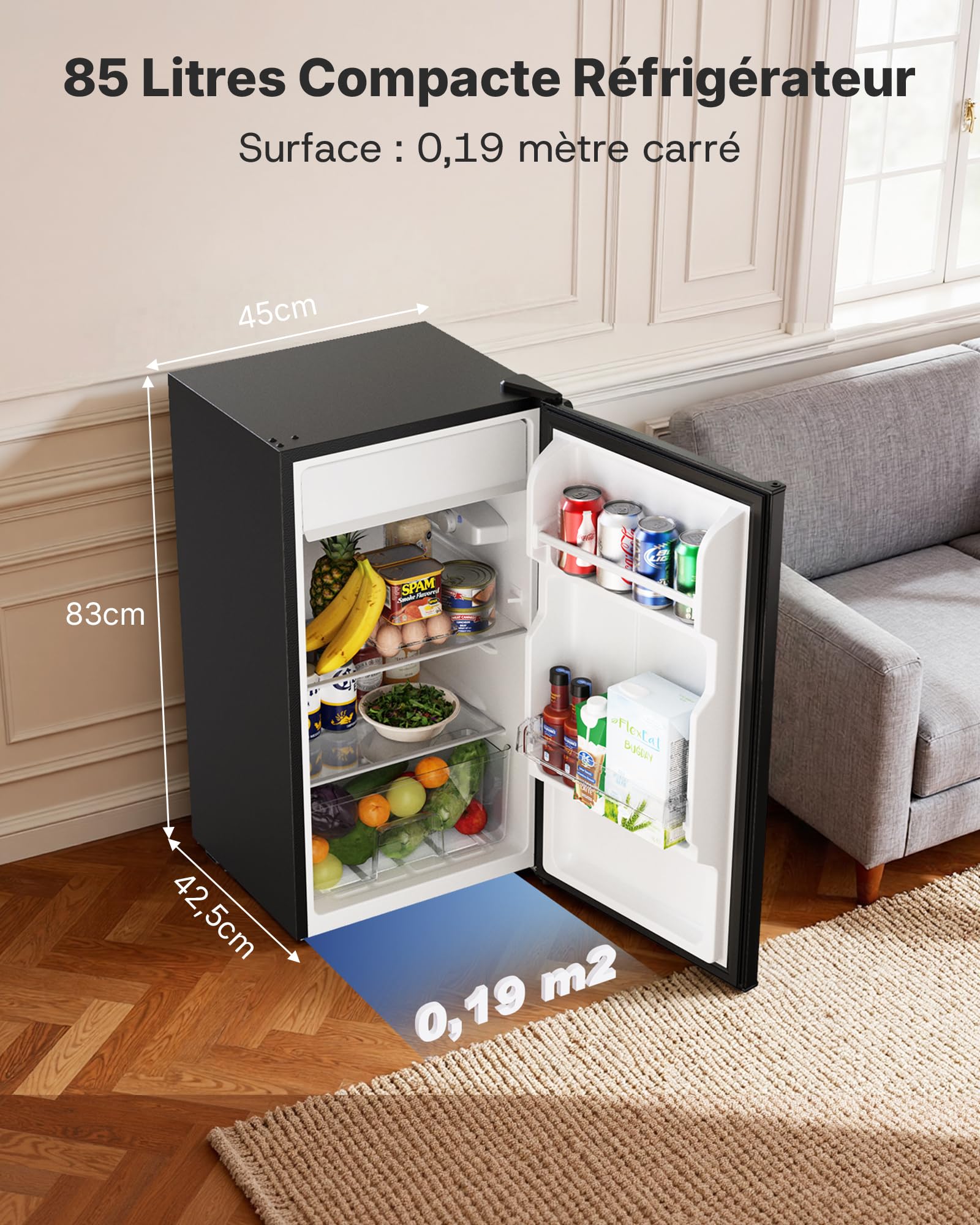 Upstreman CR85 Petit Frigo 85 Litres, Éclairage Intérieur, Thermostat Réglable, Bac à Légumes, Silencieux, Porte Réversible, Noir