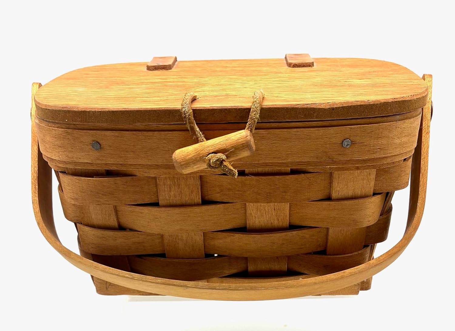 Longaberger Kiddie Purse Basket, Warm Brown, Leather Hinged Lid with Wood Toggle Fastener, 1992