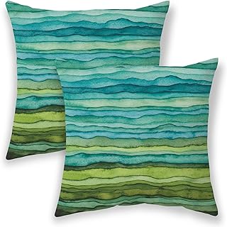 Blue Teal and Green Pillow Covers 18x18,Watercolor Striped Waves Outdoor...