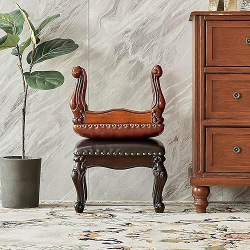 Miniatura 7 de Taburete otomano con reposapiés tapizado de piel de microfibra para sofá, sala de estar, entrada, taburete de madera maciza (marrón plano)