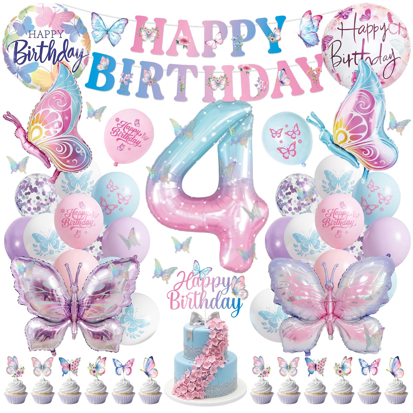 Afritee 4th Birthday Decorations Banner, Butterfly Balloon Decor for Girl