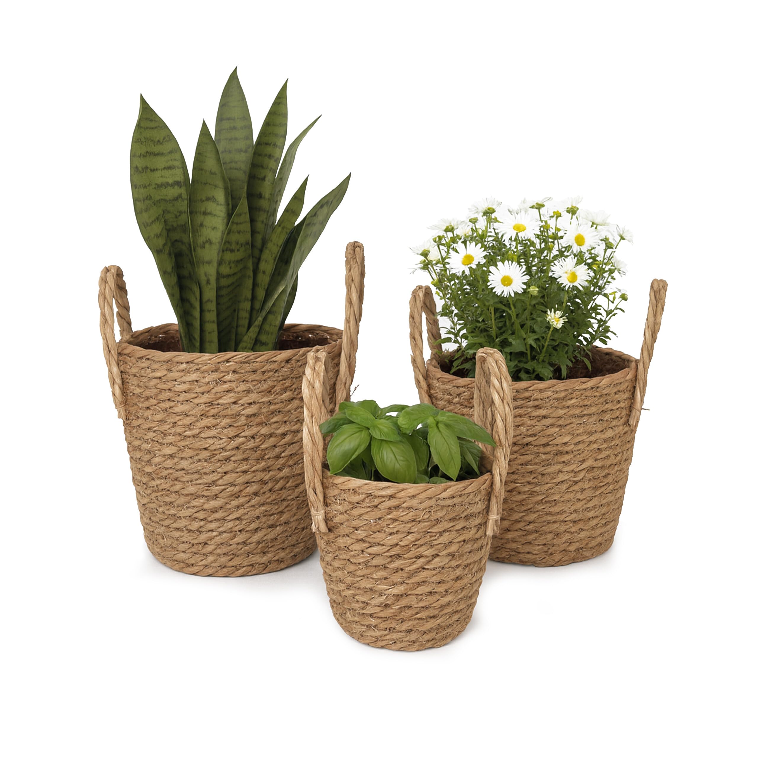 Relaxdays Planter, Set of 3, Reed, Plant Pots with Liner & Handles, 3 Sizes, Boho Style, Round Pots, Natural