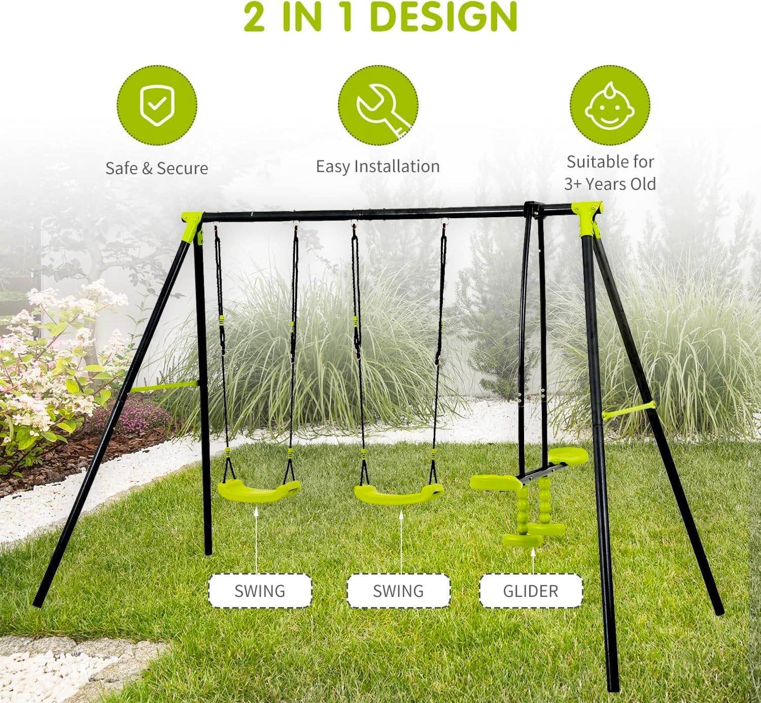 Backyard Swing Sets,Triple Children Metal Safe Swings Set with Heavy Duty Frame,Seat and Glide for Age 3+ Outdoor Playground Three Seats,Green