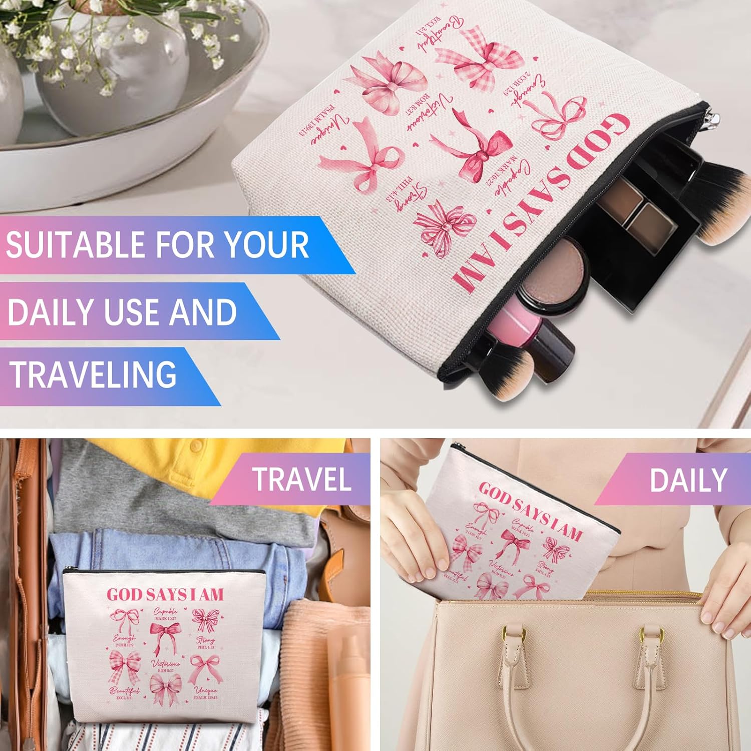 God Says I Am Makeup Bag, Pink Coquette Bow Bible Verse Cosmetic Bag, Inspirational Christian Gifts for Women, Religious Faith Based Gifts Inspirational Affirmations Gift Bag - Image 6