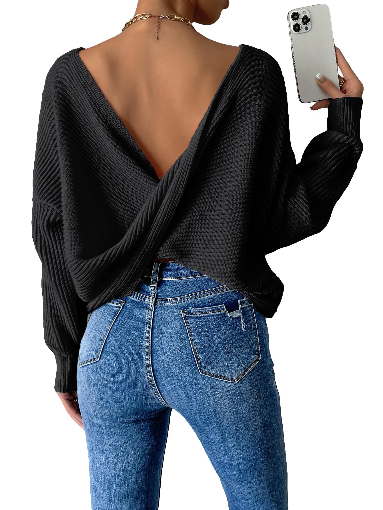 GORGLITTER Womens Wrap Open Back Sweater Boat Neck Backless Cozy Fall Fashion 2025 Criss Cross Long Sleeve Sweaters