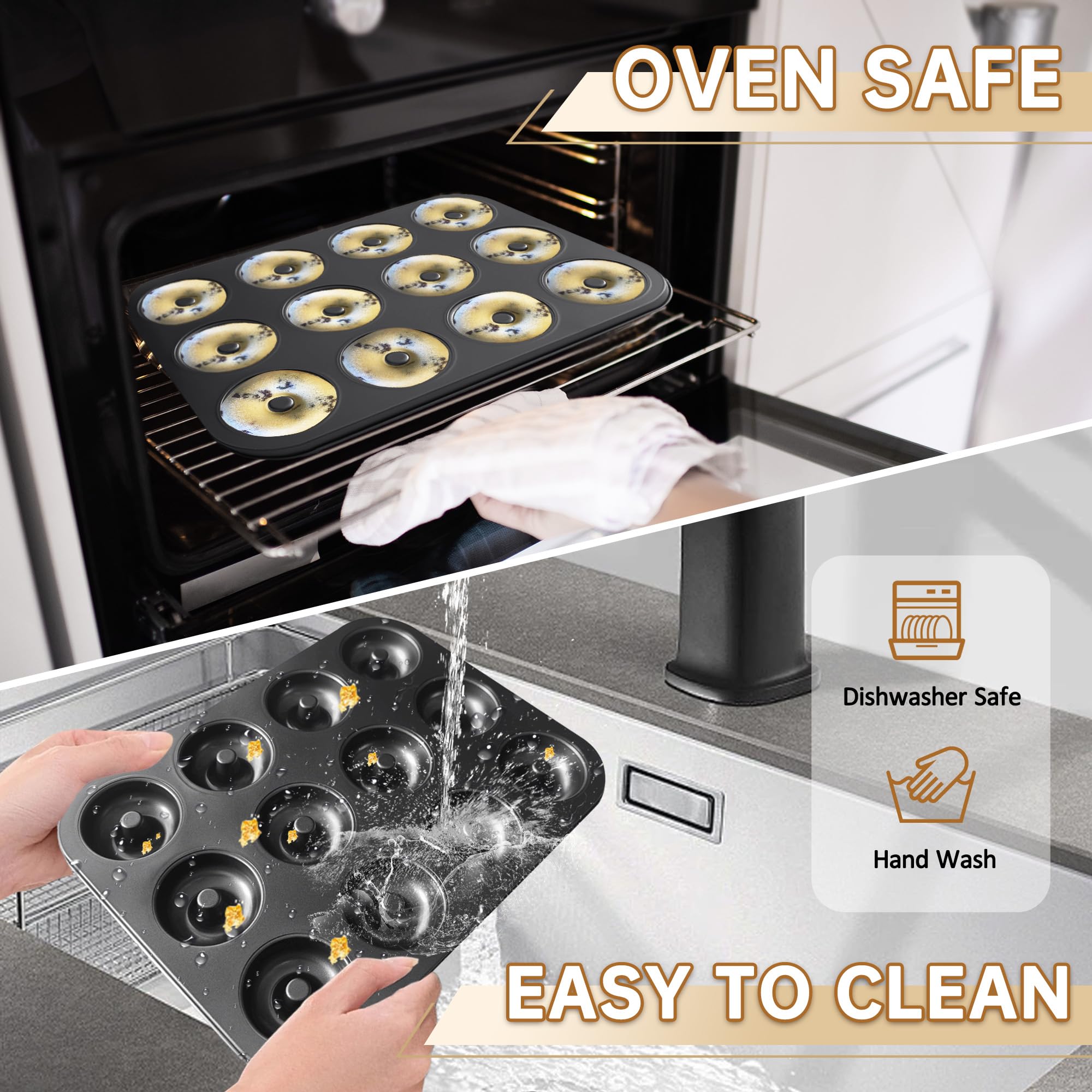 2 moldes para donas para hornear, bandeja antiadherente para donas de 12 cavidades, bandejas de acero al carbono para mini bagels y pasteles, donas para hornear horno (negro) 4