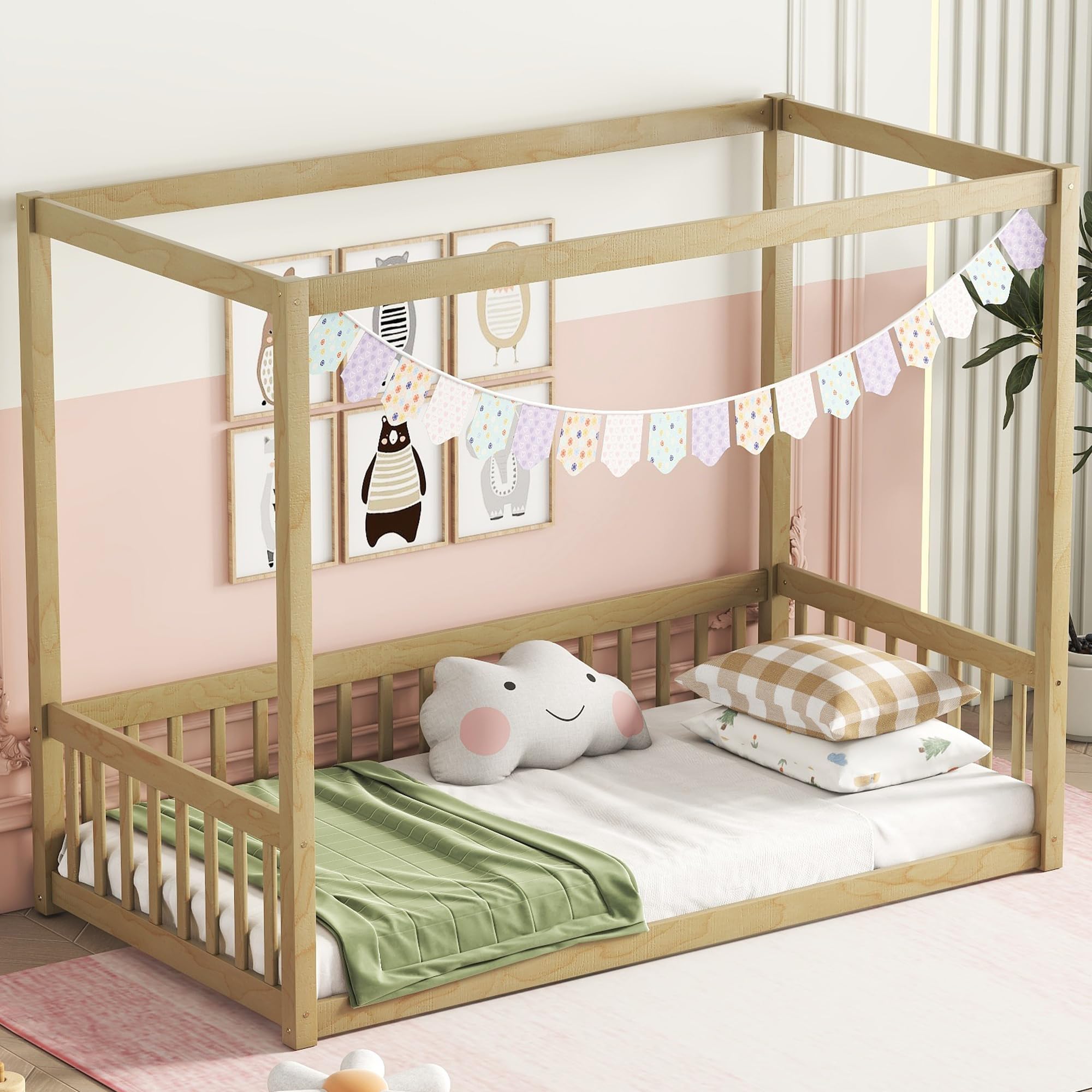 VeroFree Twin Size Canopy Floor Bed with Fence Guardrails – Natural Wood Frame, Low Profile Design for Kids, Toddlers, Minimalist Bedrooms