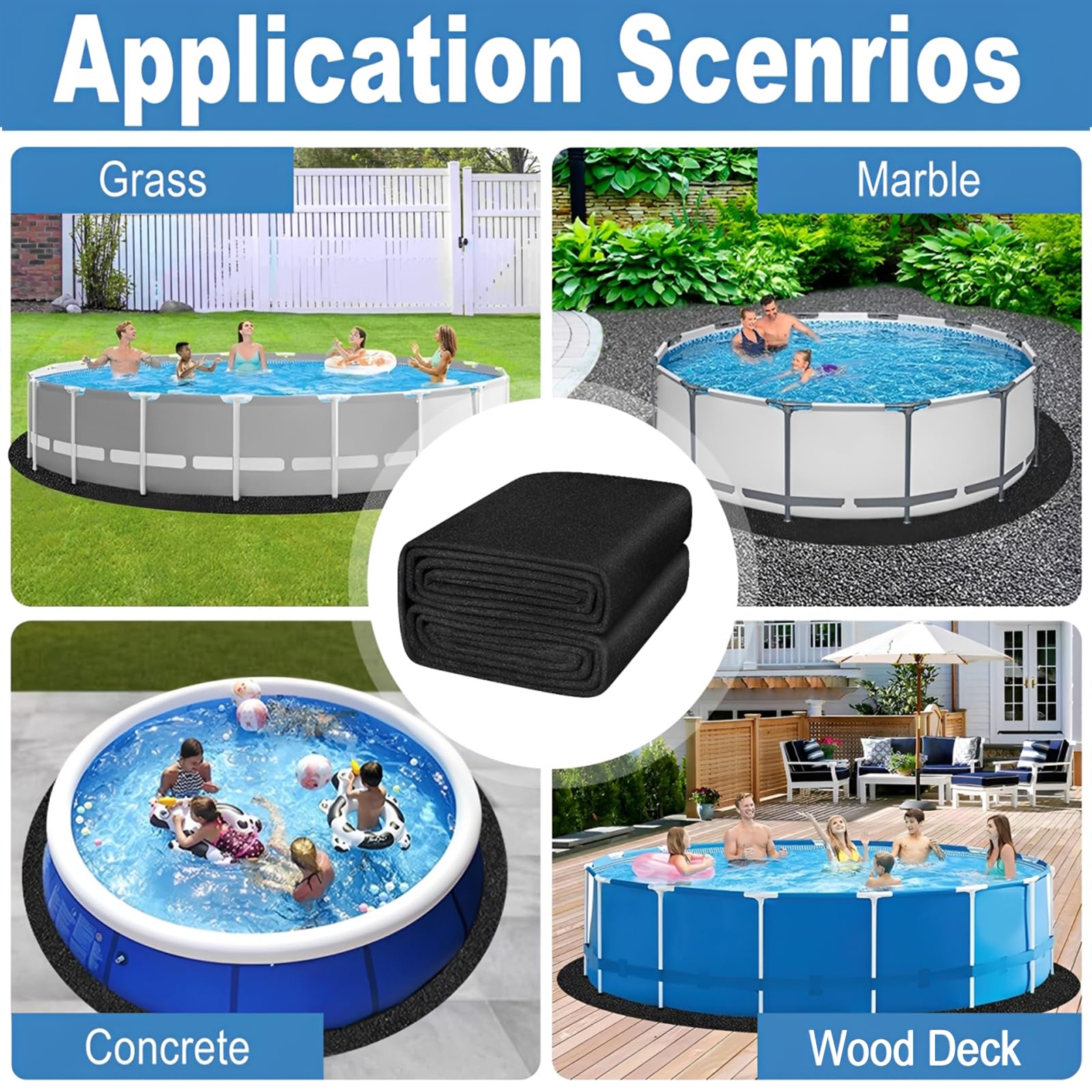 Yuragim Base redonda para piscina de 305 cm, para exteriores, alfombrilla de piscina, suelo protector, alfombra de suelo precortada para piscinas y jacuzzis, evita agujeros y prolonga la vida útil