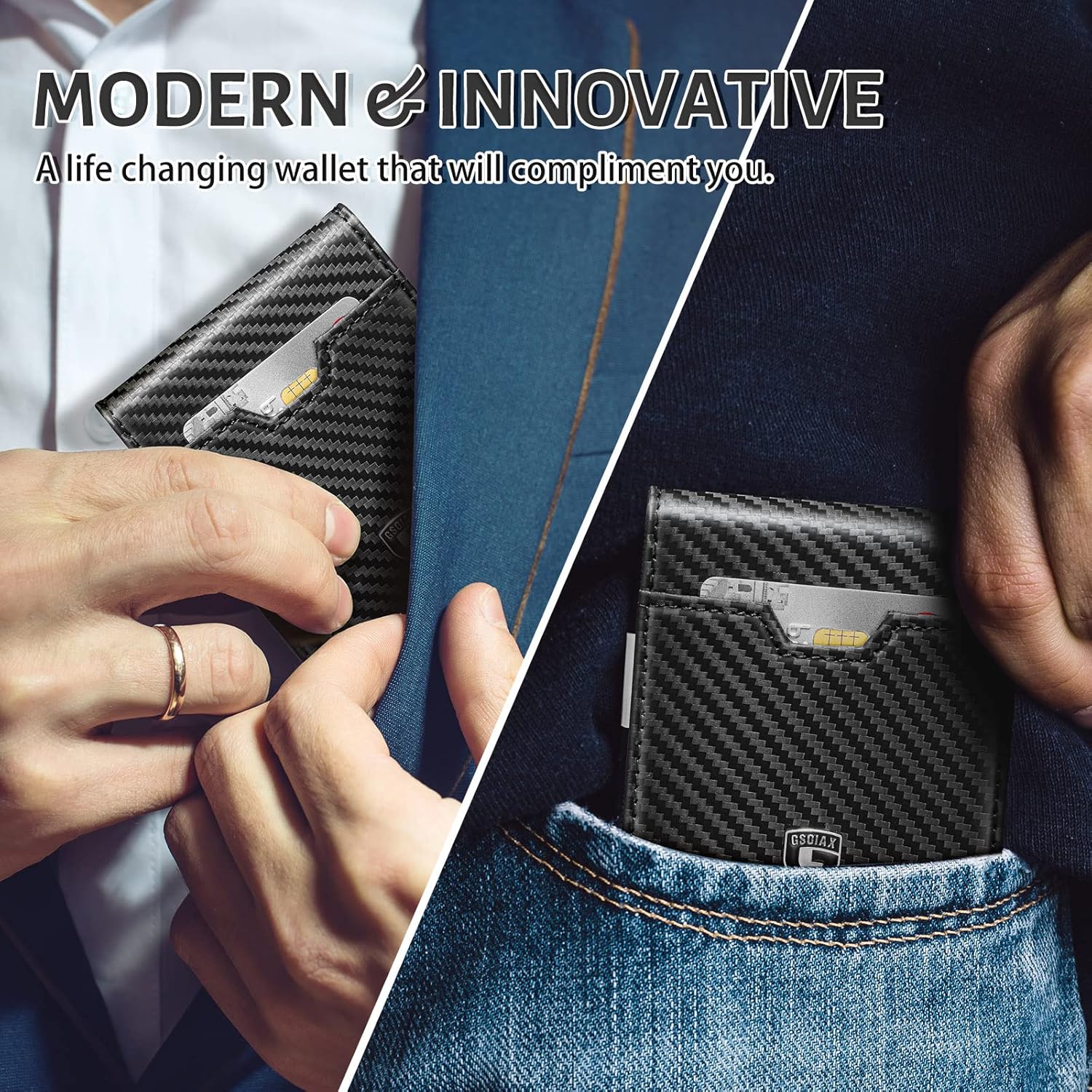 GSOIAX Men's Slim RFID Blocking Leather Wallet with Money Clip Minimalist Carbon Fiber Bifold Credit Card Holder 11 Card Slots Gift Box Included(Carbon Yellow) - Image 6