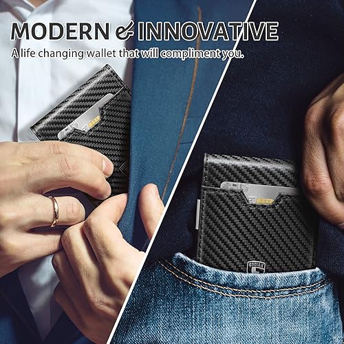 Miniatura 6 de GSOIAX Cartera delgada de piel con bloqueo RFID para hombre con clip para dinero, minimalista de fibra de carbono, soporte para tarjetas de crédito,