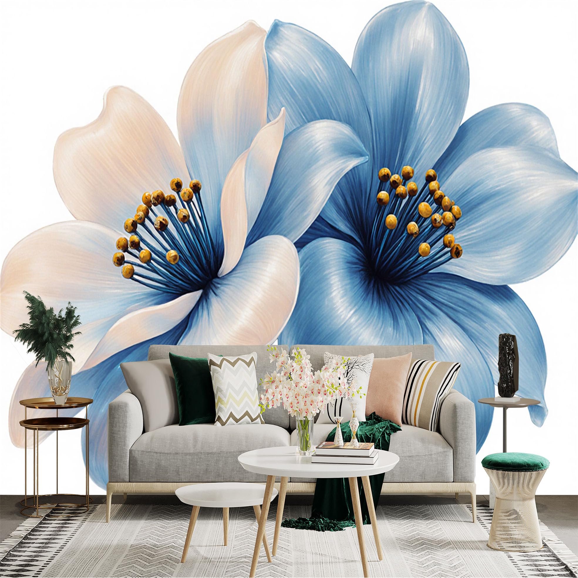 Custom Size Wall Sticker Mural， Elegant Blue and White Flowers， Modern Botanical Art， Watercolor Floral Decor， for wall Decoration， peelandstick wall Decals.