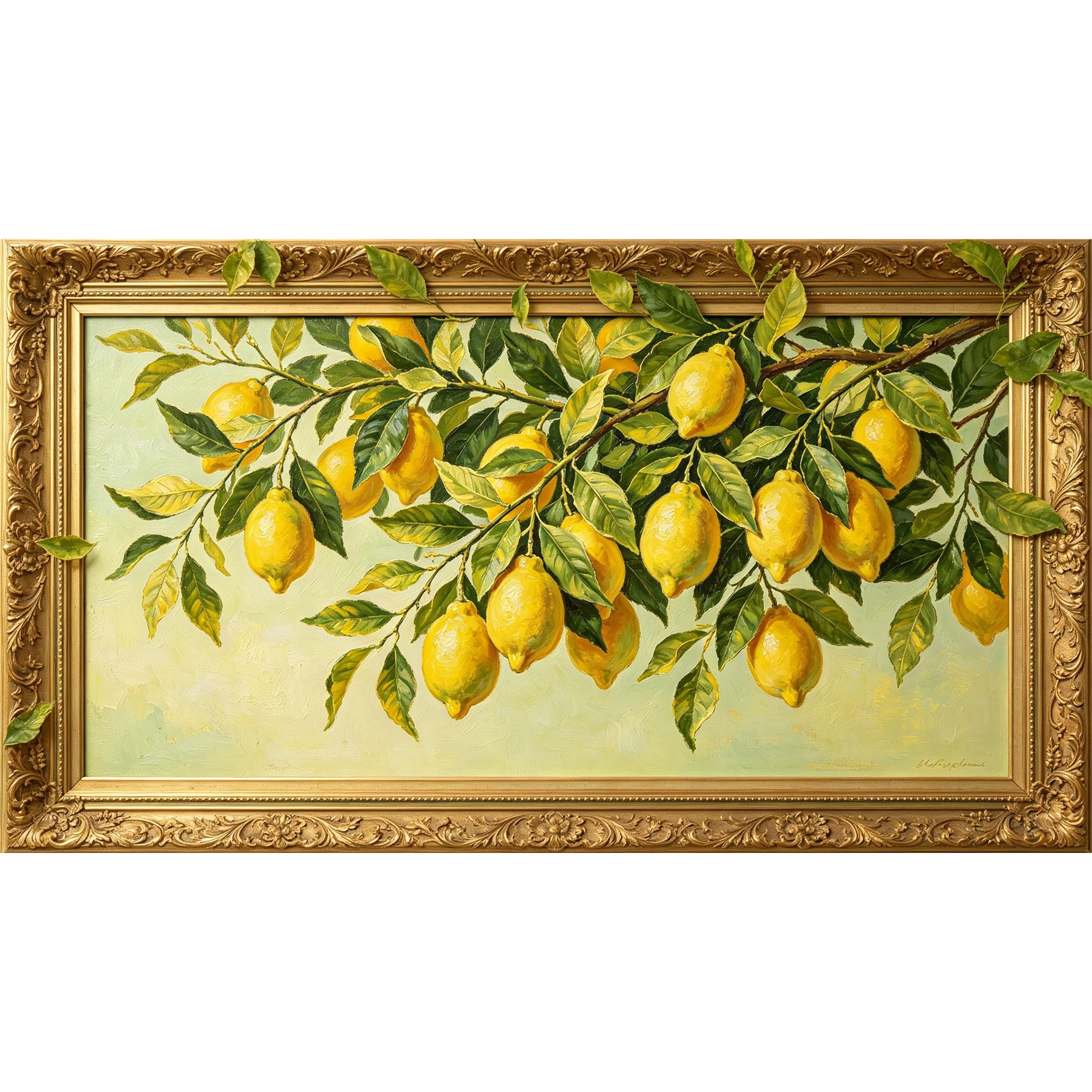 QZLITHOTIC 50x90cm3D Framed Wall Art， Botanical Lemon Branch Oil Painting Self‑Adhesive Mural， Water‑Activated Peel & Stick Fabric Decor Wall Decal for Bedroom Living Room