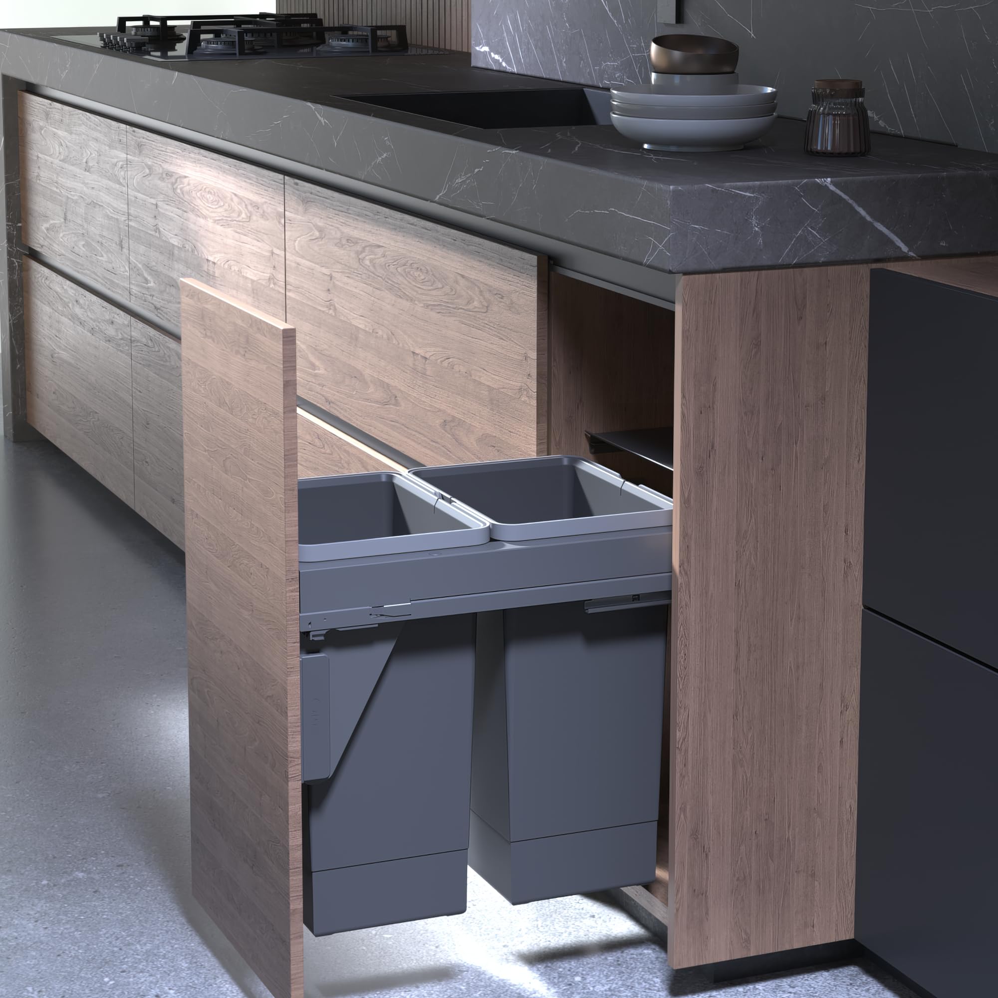 FittingsCo Under Counter Pull-Out Waste Bin โ 48L (2 x 24L), Side Mounted Soft Close, Fits 400mm Cabinet