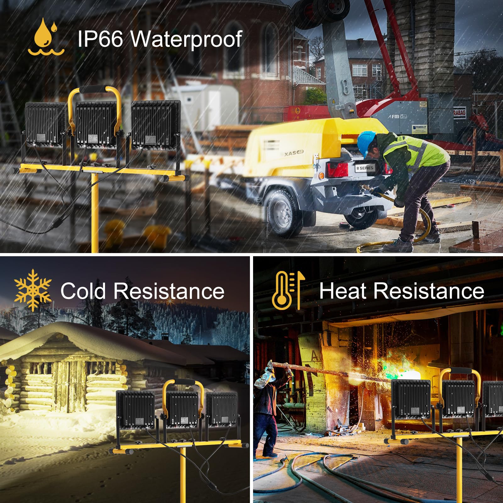 Yofuly Foco LED 3x 70W, Foco de Trabajo 21,000LM 6500K, Focos LED Portátil para Obras con Trípode Telescópico de Metal, Cable de 5M, IP66 Impermeable, Luz de Trabajo para Construcción