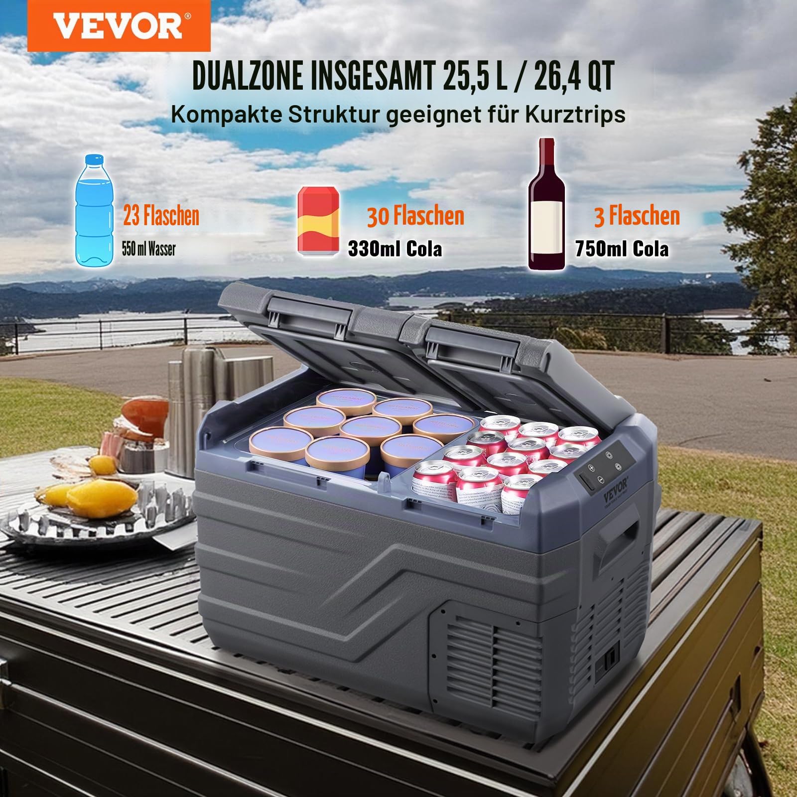 VEVOR Autokühlschrank, 25 L Dual Zone tragbarer Gefrierschrank, 12 Volt Autokühlschrank, -20~20 ℃ einstellbarer Bereich, 12/24 V DC / 100-240 V AC Kompressorkühler für Outdoor, Camping, Wohnmobil