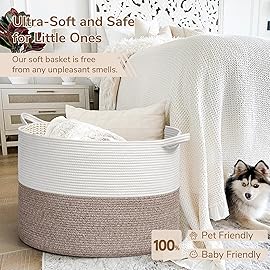 INDRESSME 115L Extra Large Blanket Basket, Soft Cotton Rope Storage Basket for Organizing, Home Decor, Toys, Laundry & Towels, Toy Storage Organizer for Living Room & Nursery, White & Brown