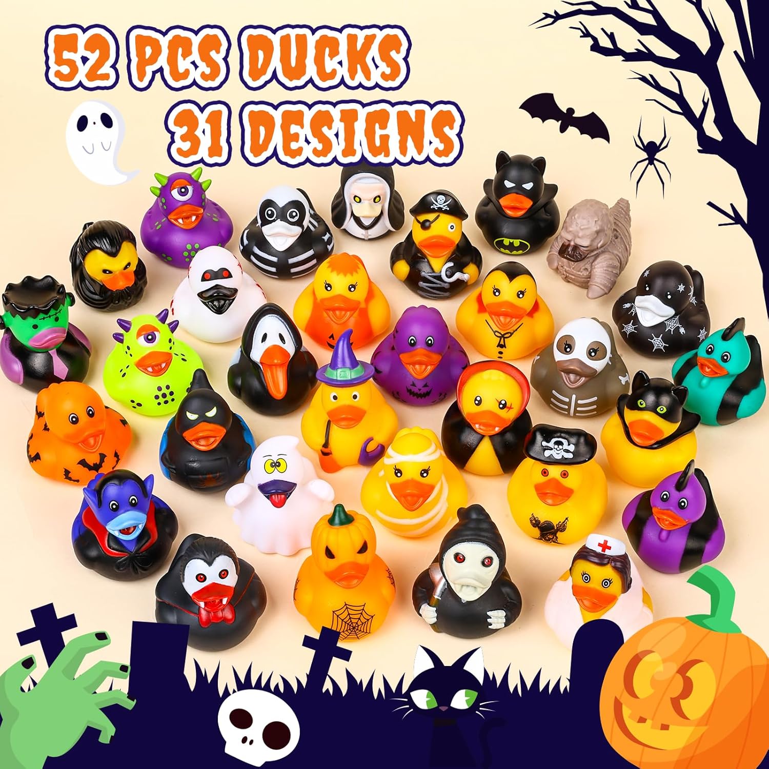 52 Pcs Halloween Rubber Ducks, Halloween Ducks for halloween Goodie Bag Stuffers, Rubber Duckies Baby Bath Toys for Party Favors Decorations, School Classroom Game Prizes